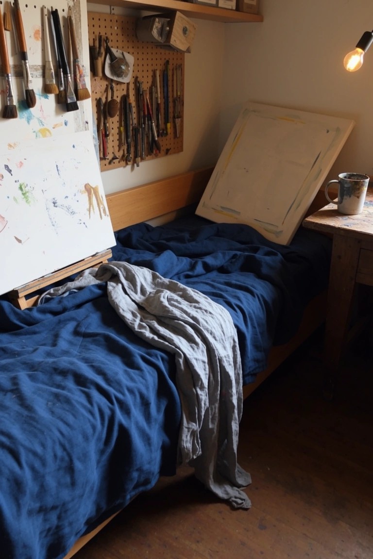 Pegboard wall hung with paintbrushes and tools above a wooden bed with navy sheets in an artist's room