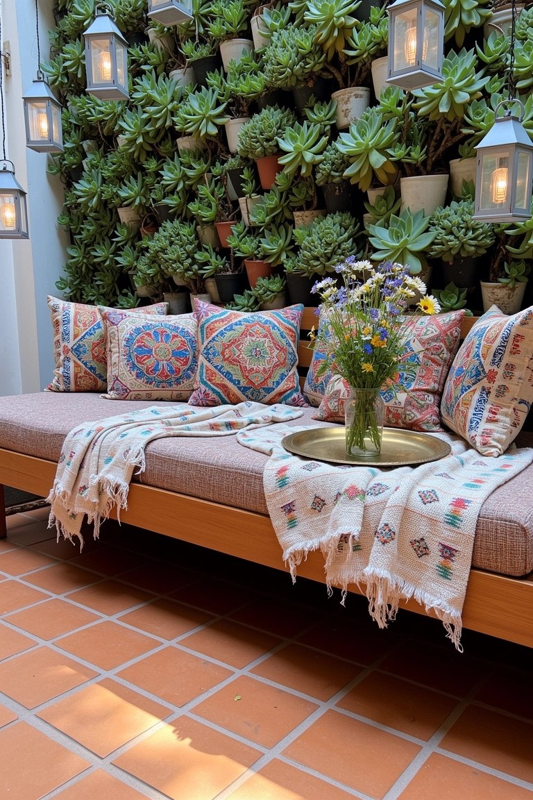 Cozy outdoor bench with boho patterned pillows and wildflower vase against a lush vertical succulent garden wall, hanging lanterns and woven throws nearby