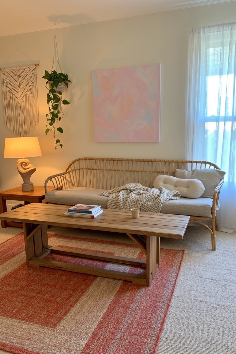 Boho living room with rattan bench sofa piled with cushions and throw, wooden coffee table, striped rug, and potted plant on macrame hanger
