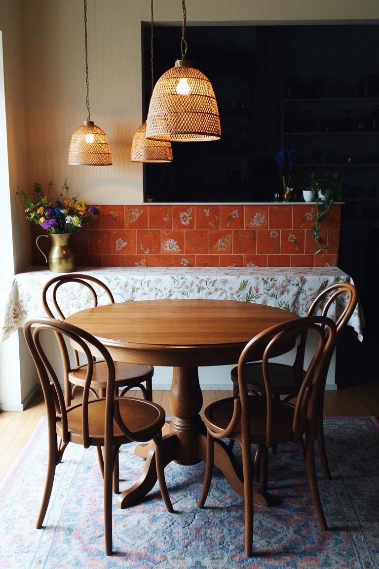 Boho dining nook with round wooden table, four cane-back chairs, three hanging rattan pendant lights, orange floral tile backsplash, and colorful rug
