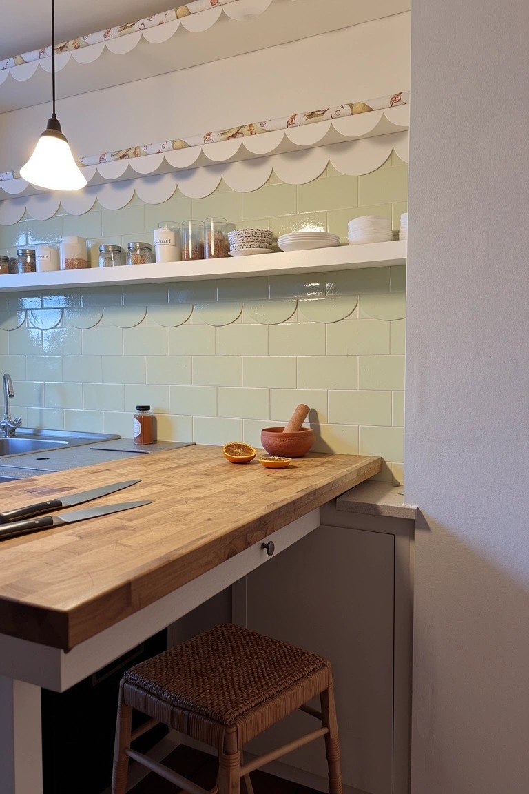 Kitchen counter with mint green scalloped tile backsplash, wooden butcher block top, open shelves, and rattan stool
