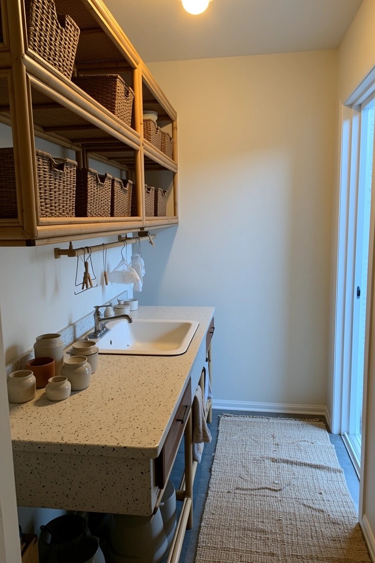 Laundry room featuring open wooden shelves with woven baskets, a white sink on a speckled countertop with pottery pieces, neutral walls, and a seagrass rug leading to a sliding door