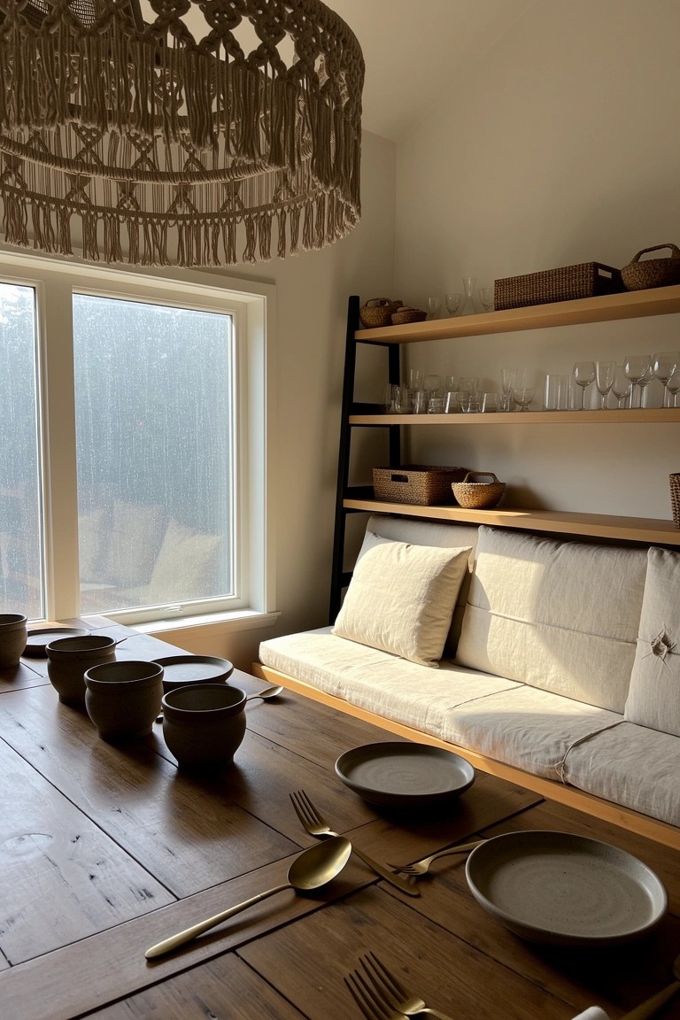 Cozy boho dining nook featuring a built-in wooden bench with white cushions along a large window, wooden table set with ceramic bowls and gold utensils, macrame pendant light, and open black metal shelving with baskets and glassware