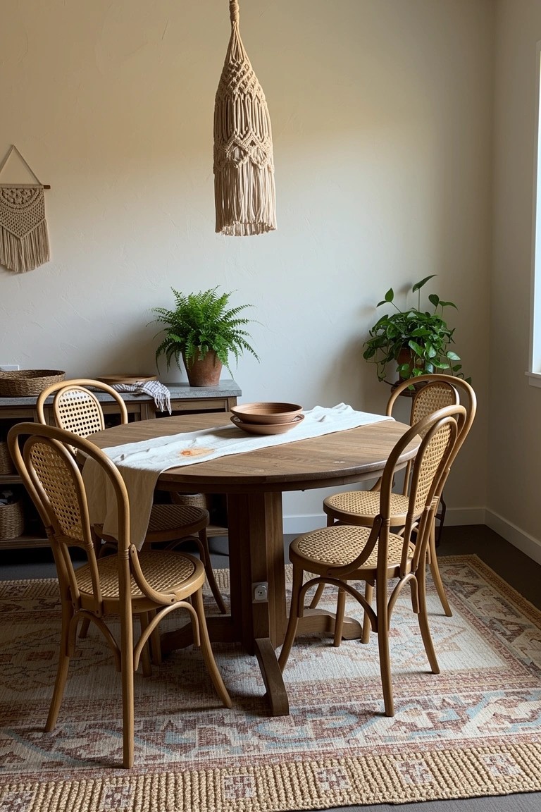 Boho dining nook with round wooden table, rattan chairs, macrame pendant light, potted ferns, and neutral woven rug