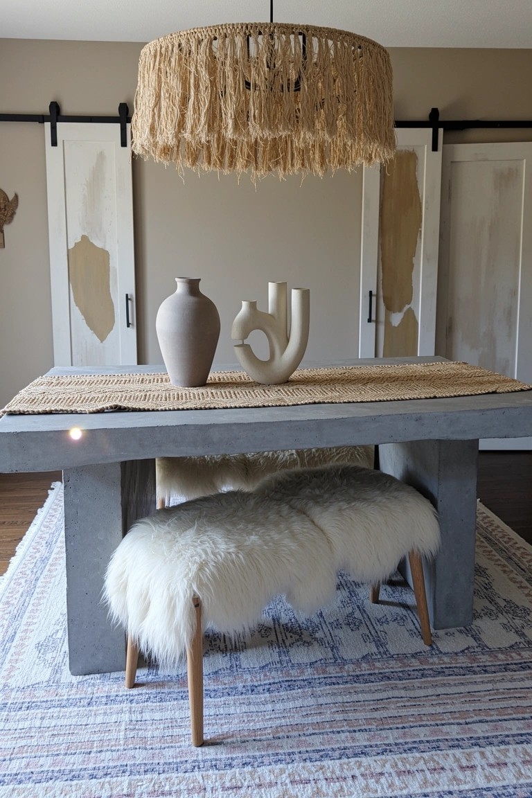 Boho dining room with gray concrete table and matching bench covered in white sheepskin, fringed rattan pendant light overhead, seagrass table runner, beige ceramic vases, and patterned rug on wood floor