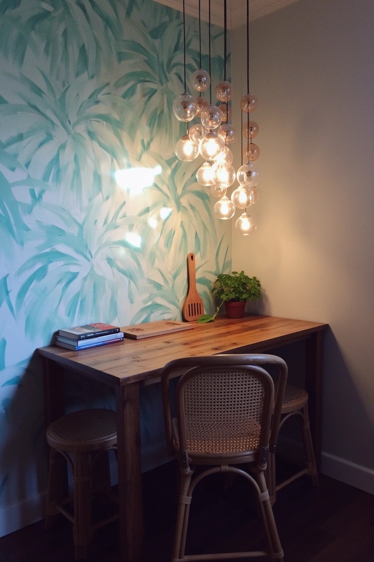 Teal palm leaf wallpaper defining a cozy dining nook with wooden table, rattan chair, plant, and bubble pendant light