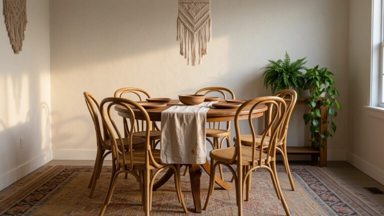 Boho dining nook with round wooden table, rattan chairs, macrame pendant light, potted ferns, and neutral woven rug