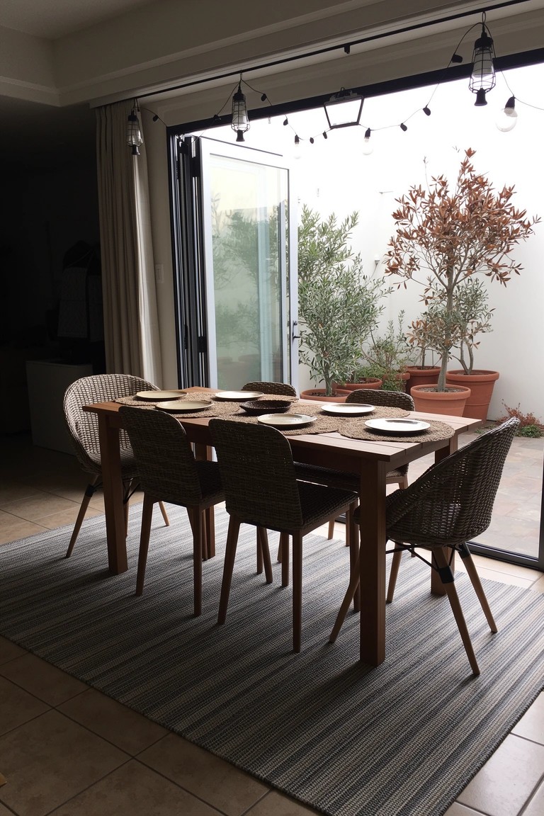 Boho dining room featuring wooden table with rattan chairs, set for dinner, bi-fold glass doors open to a courtyard with potted trees and string lights