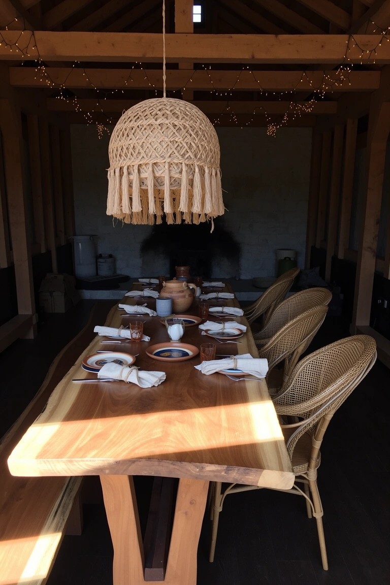 Long live-edge wooden dining table with rattan chairs, pottery place settings, and fringed woven pendant light hanging in rustic wooden pavilion