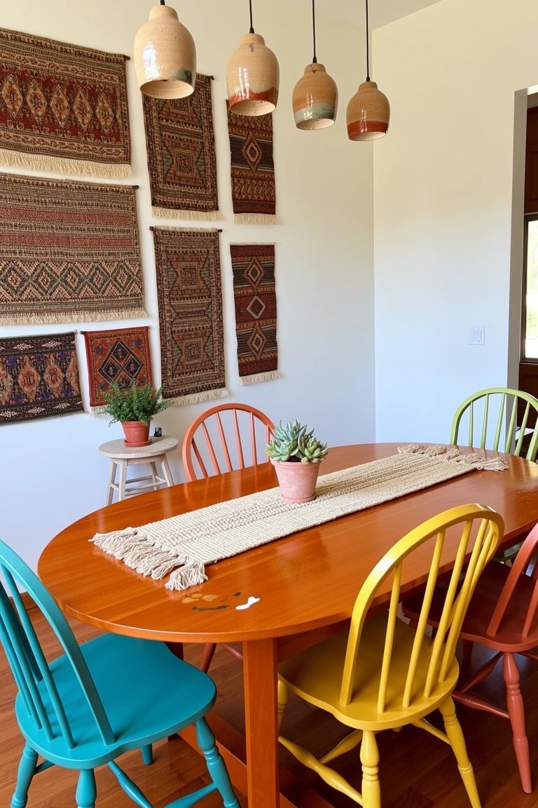 Oval wooden dining table with colorful mismatched chairs in teal, yellow, orange, and green, boho wall tapestries, potted plants, and hanging pendant lights