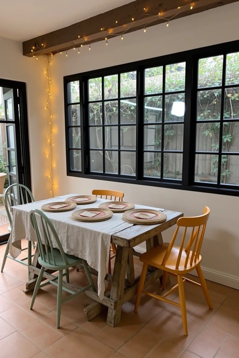 Boho dining nook with rustic wooden table, white linen cloth, mismatched green and orange wooden chairs, string lights on beams, and garden view through black-framed windows