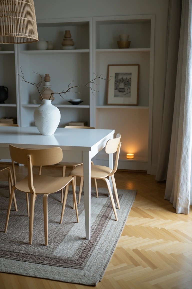 Light boho dining area with recessed open shelves displaying ceramics, branches, and a vase above a white table and wood chairs on herringbone floor