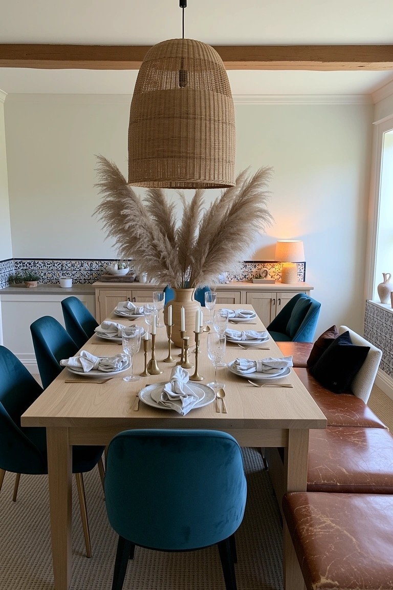 Boho dining table with tall pampas grass centerpiece under woven pendant light, flanked by teal velvet chairs and set with white plates and napkins