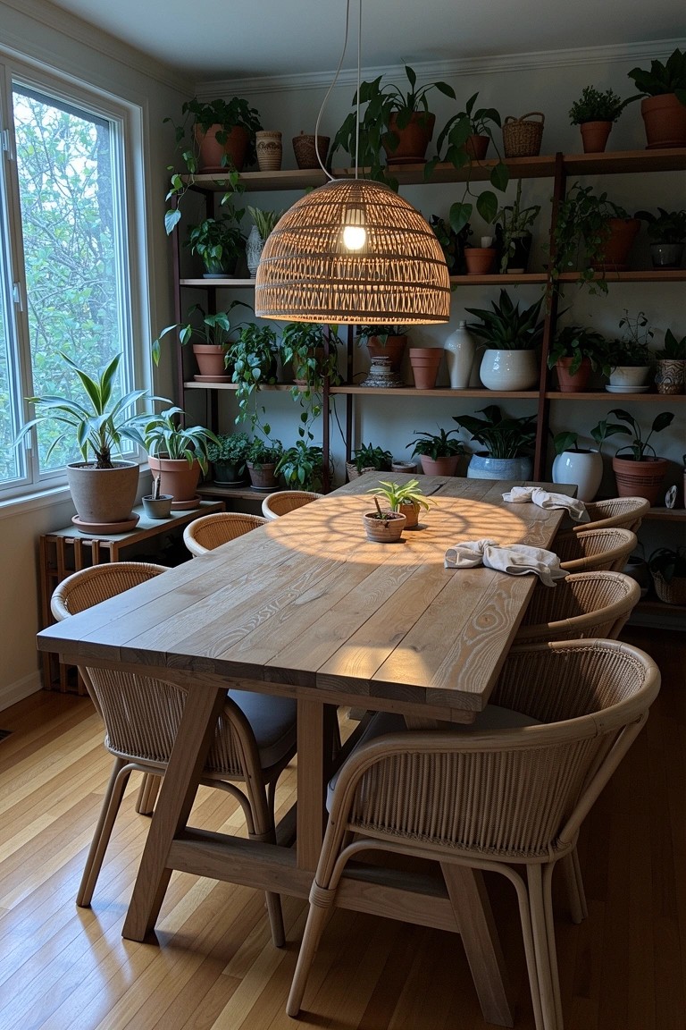 Boho dining room with wooden table, rattan chairs, woven pendant light, and black metal shelves filled with assorted potted plants
