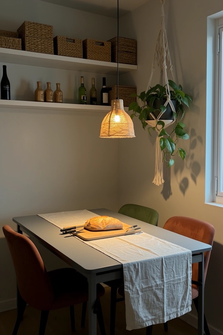 Cozy boho dining nook with rattan pendant lamp, macrame hanging plant, wicker baskets on wall shelves, wooden table set with baguette on cutting board and linen runner, plus orange chairs