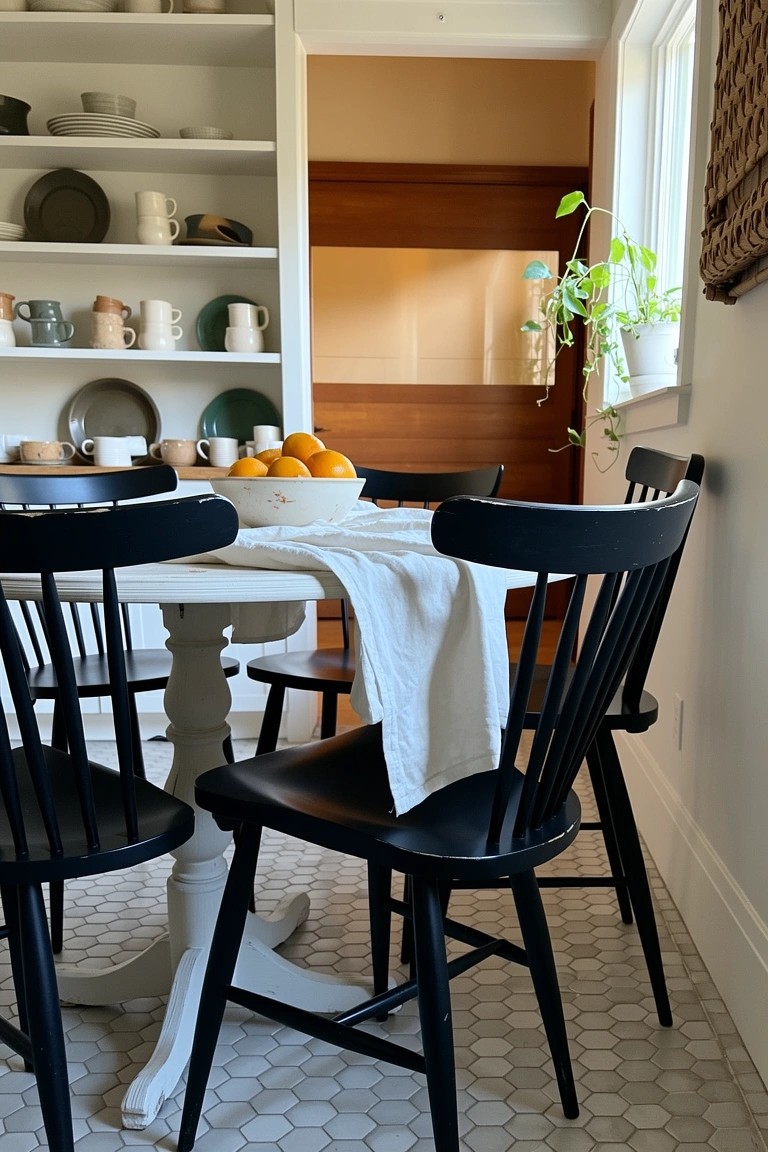 White round pedestal table with black ladder-back chairs in a cozy dining nook, bowl of oranges centered on tablecloth, open wooden shelving stocked with ceramics and dishes, hex tile floor