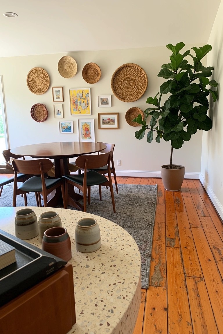 Boho dining room nook with woven baskets hung on beige wall above round wood table, green chairs, potted plant in corner, and mugs on speckled counter
