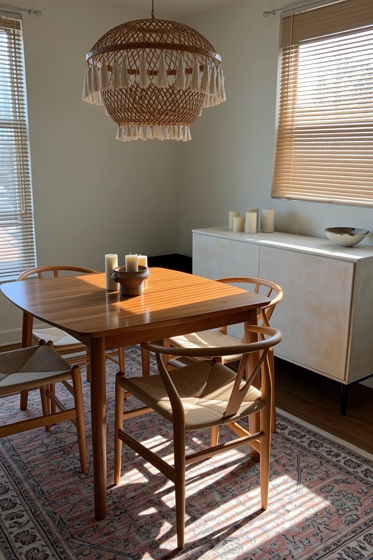 Cozy boho dining nook featuring a fringed woven pendant light over a light wood table with matching chairs, beside a white credenza and pink-blue rug