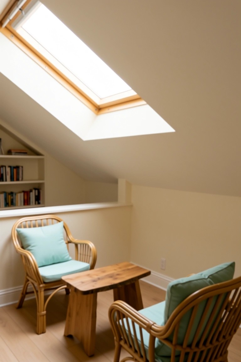 Cozy attic nook with skylight, rattan chairs in light blue cushions, small wooden table, and built-in bookshelves against sloped white walls