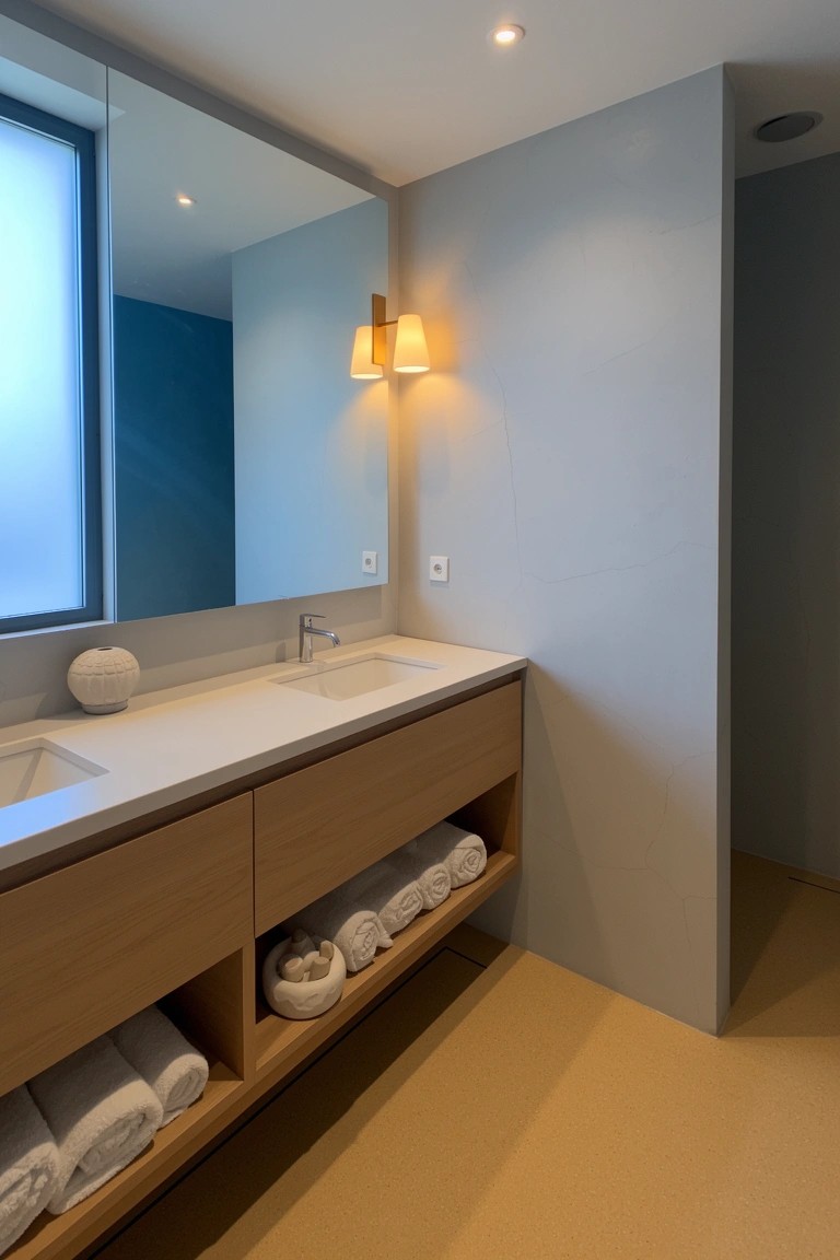 Bathroom vanity with open wood shelves below holding rolled white towels, white countertop, and neutral walls