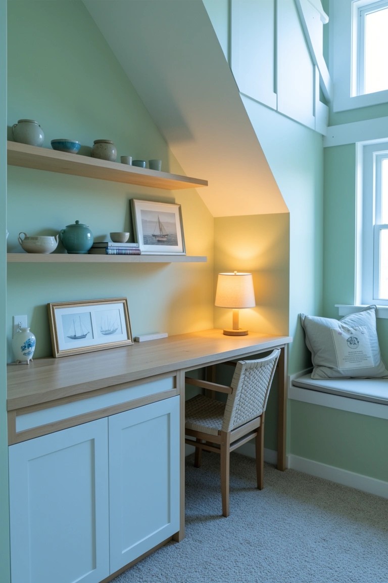 Mint green attic nook with built-in oak desk, open shelves holding ceramics, rattan chair, and window seat cushion