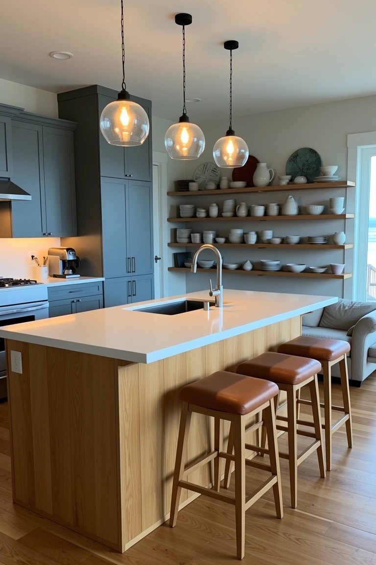 Beach house kitchen with light wood island base, white quartz countertop, three tan leather bar stools, gray cabinets, glass pendant lights, and open shelves holding pottery.