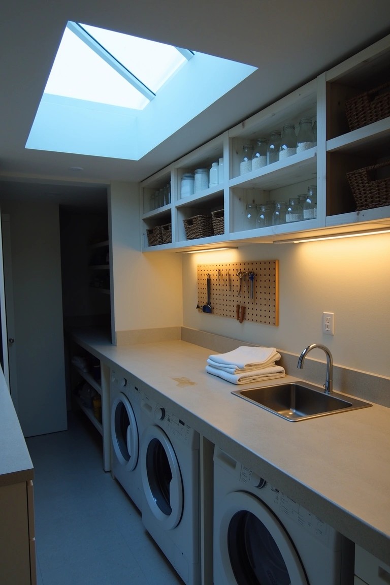 Bright laundry room with overhead skylight, stacked washers, sink counter, and open shelving for storage