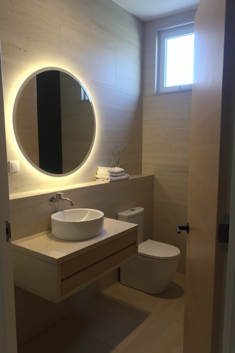Beach house bathroom with light beige stone tiles, floating white sink on wood vanity, round backlit mirror, and simple white toilet