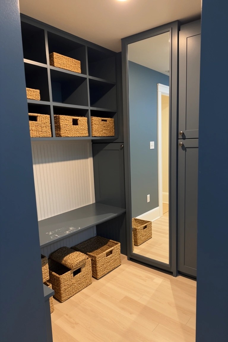 Navy blue mudroom with built-in bench, open shelves holding wicker baskets, beadboard backing, and full-length mirror door