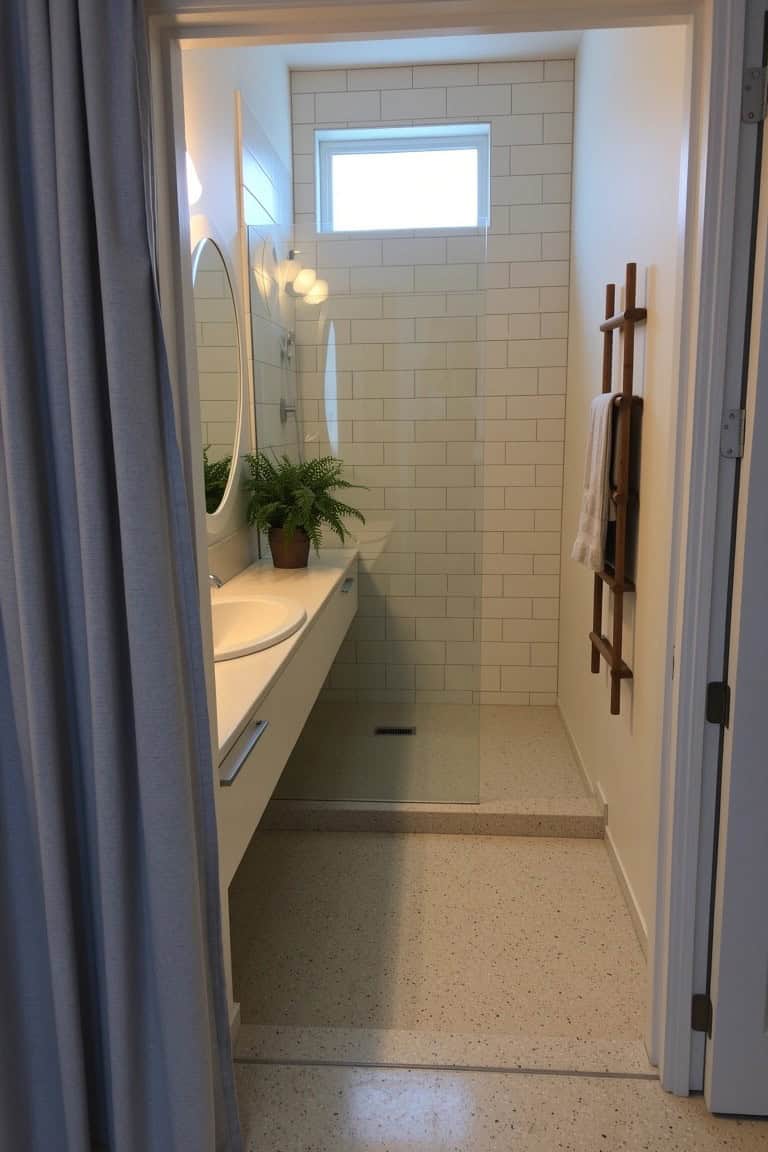 Compact modern bathroom with frameless glass shower panels, white subway tile walls, floating white vanity, potted plant, and wooden towel ladder on terrazzo floor