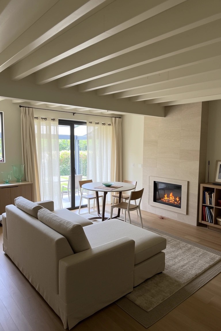Neutral-toned living room with cream sofa, round dining table, stone fireplace, and large glass doors with sheer curtains opening to a garden patio