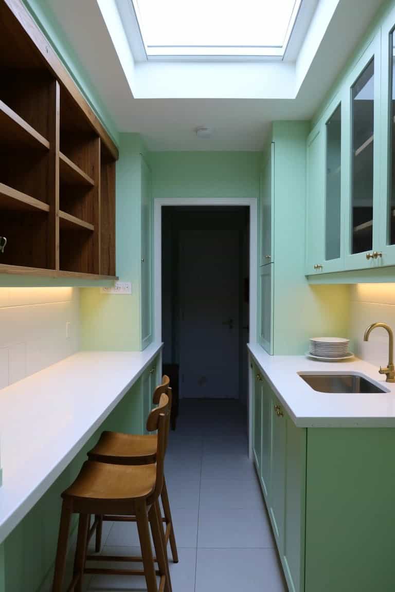 Narrow beach house galley kitchen with mint green lower cabinets, open wooden shelves, white countertop and sink, skylight, wooden stools, and tiled floor
