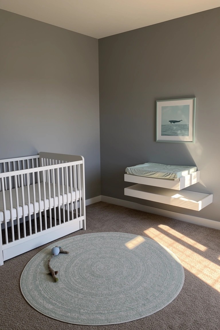 Nursery with light gray walls, white crib, and white floating shelf used as changing station