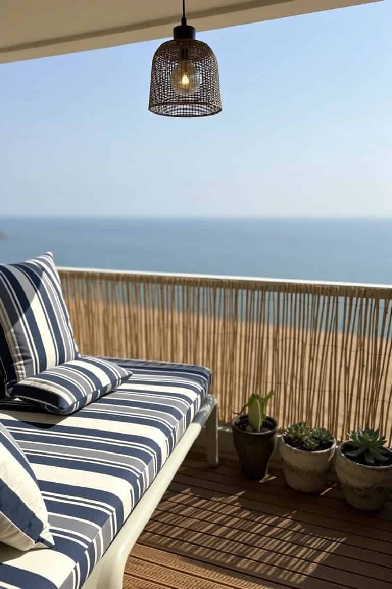Balcony lounge with woven bamboo privacy screens, blue-striped cushions on a daybed, potted plants, and hanging basket light facing the sea