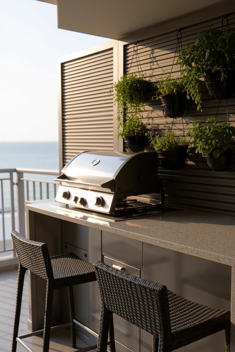 Modern beach condo balcony with built-in stainless steel gas grill on gray countertop, flanked by slatted screens and hanging plants, two wicker bar stools, ocean view