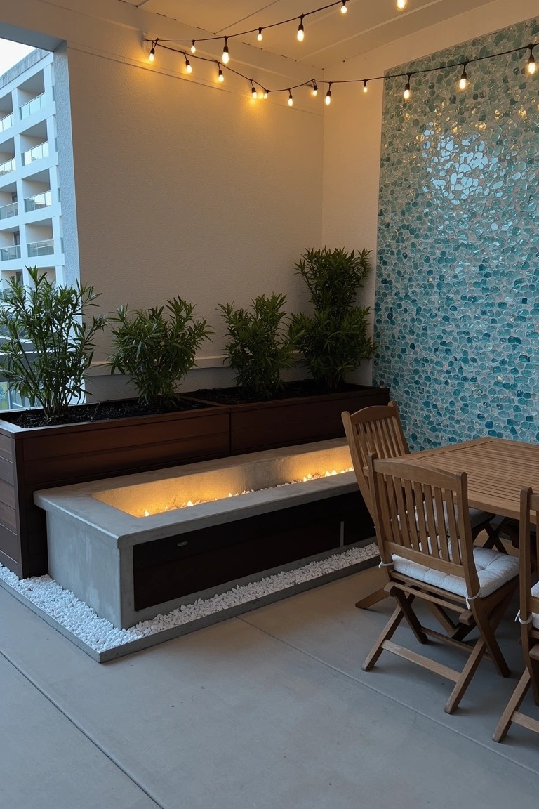Sleek balcony setup with concrete bench featuring built-in fire pit, surrounded by wood planters and teak dining table
