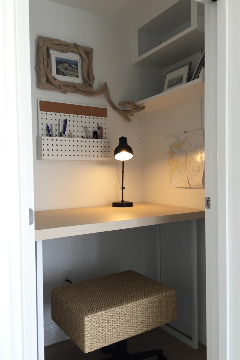 Compact closet turned workspace with light desk, woven stool, pegboard organizer, and beachy shelves