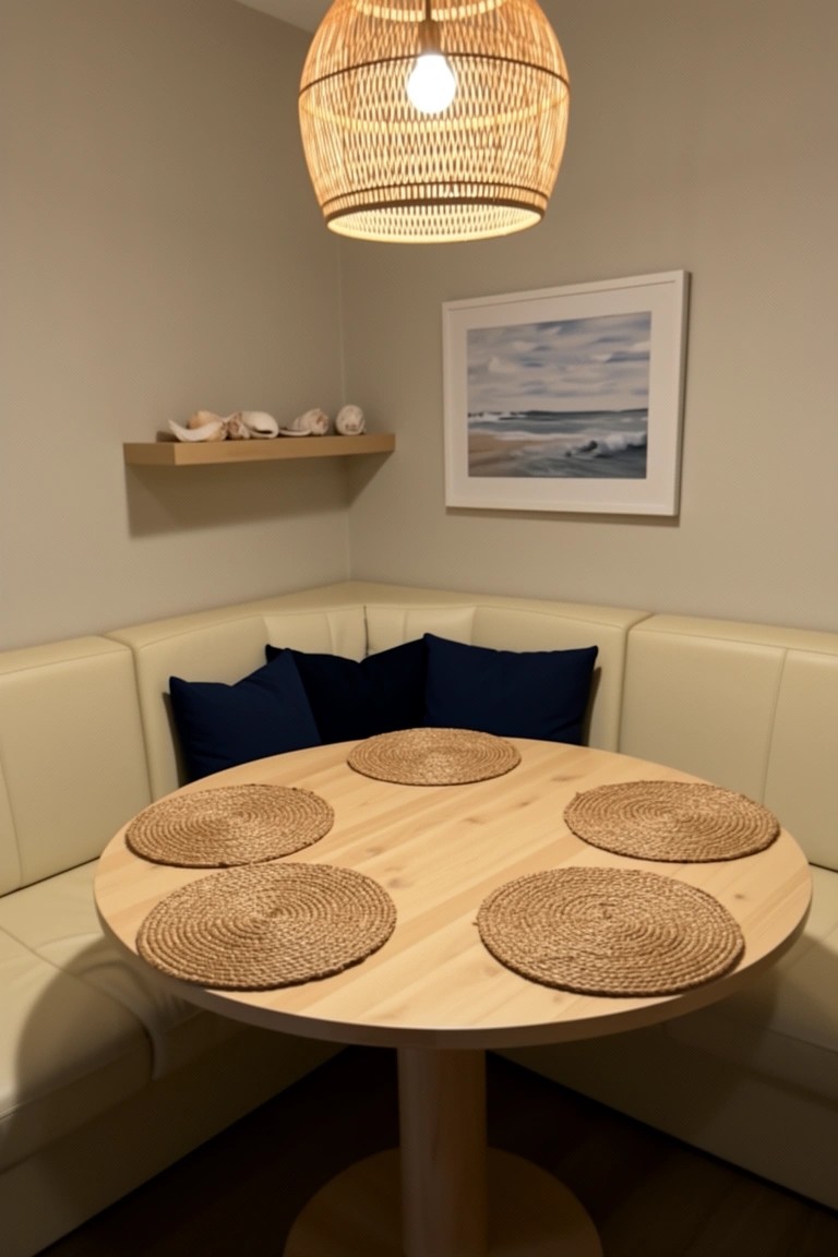 Beige corner booth with navy pillows around a round wooden table and rattan placemats in a light beach condo space