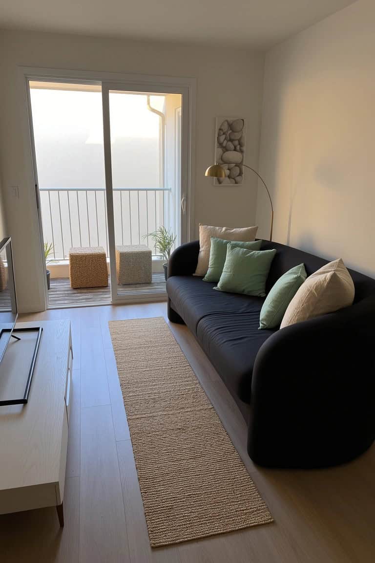 Black curved sofa with green pillows in a minimalist beach condo living room facing balcony doors