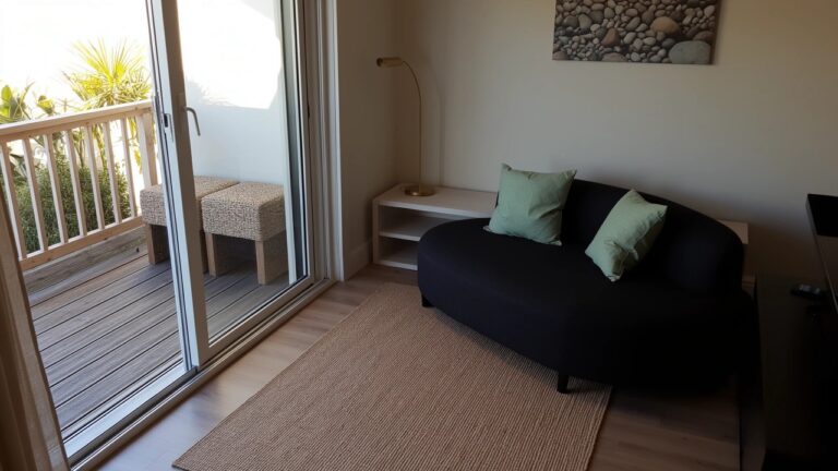 19 Sleek Modern Beach Condo Ideas For Small Stylish Spaces Black curved sofa with green pillows in a minimalist beach condo living room facing balcony doors