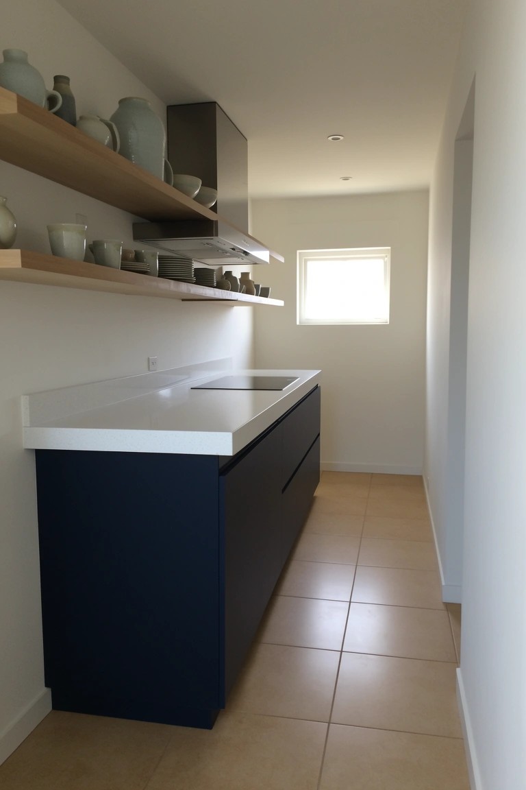 Narrow modern galley kitchen with navy cabinets, white counter, floating wood shelves displaying white ceramics, stainless hood, and side window