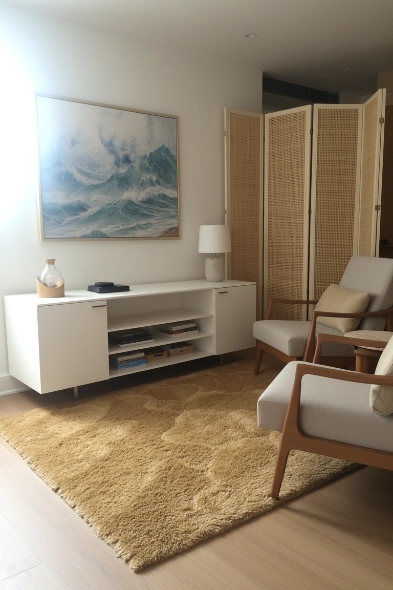 Modern beach condo corner with white media console, wooden armchairs on shag rug, bamboo folding screens, lamp, and ocean wave painting