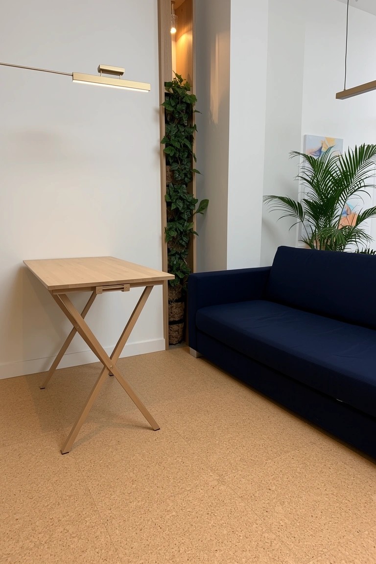 Folding oak table next to navy sofa bed in modern beach condo living area with cork floor and plants