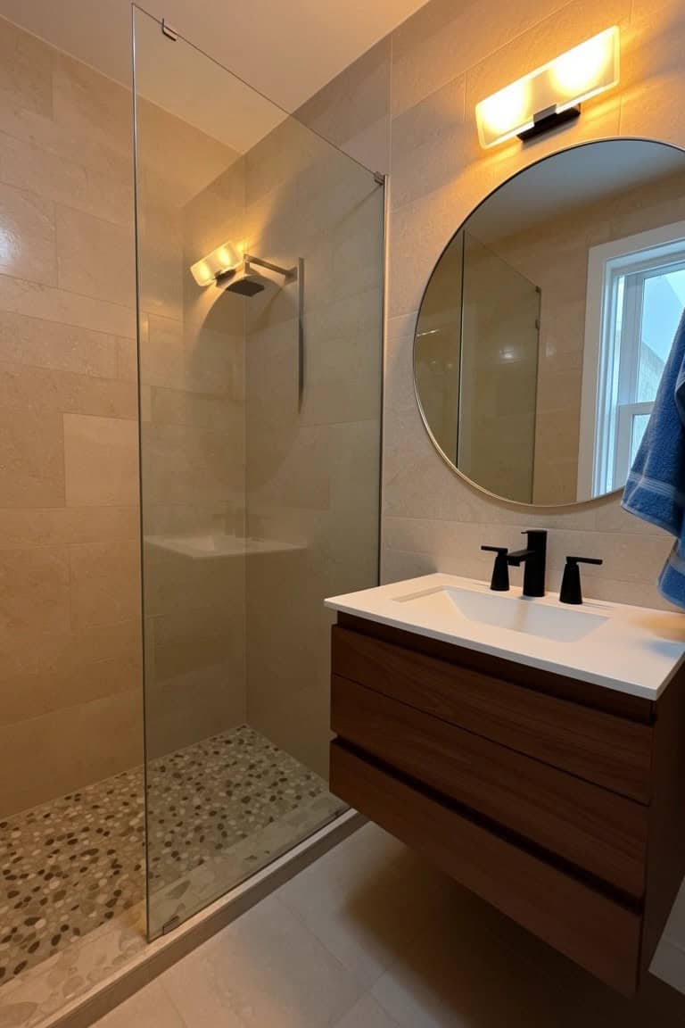 Compact modern bathroom with frameless glass shower enclosure, pebble tile floor, floating vanity, black faucets, and round wall mirror