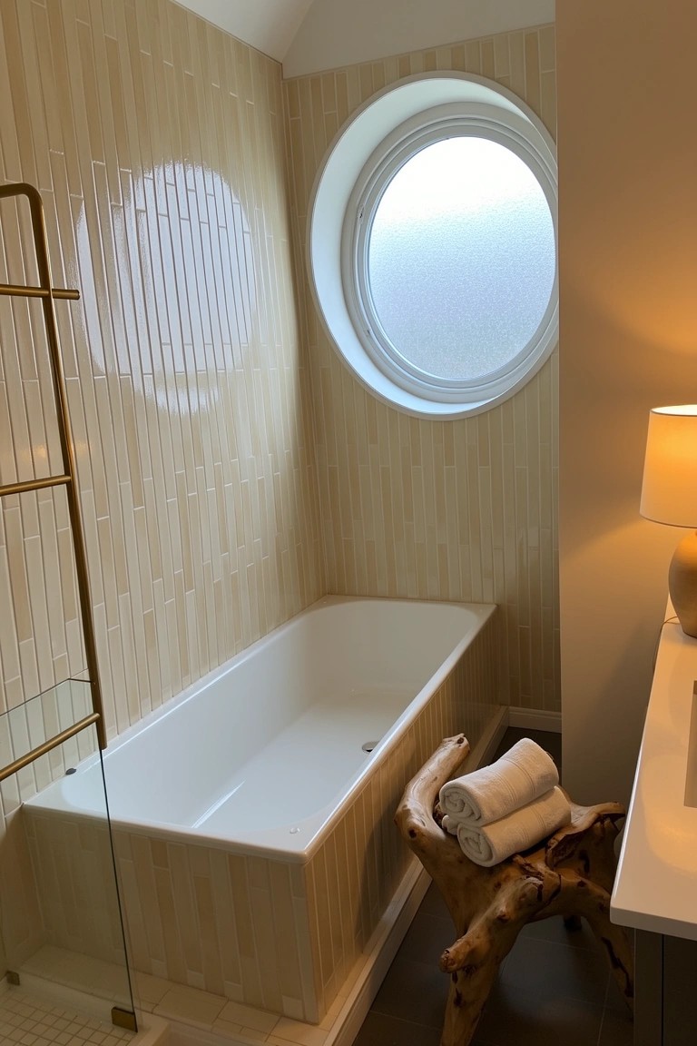 Modern beach condo bathroom with freestanding tub, beige vertical wood-look tiles, gold towel rack, driftwood stool holding towels, and round frosted porthole window.