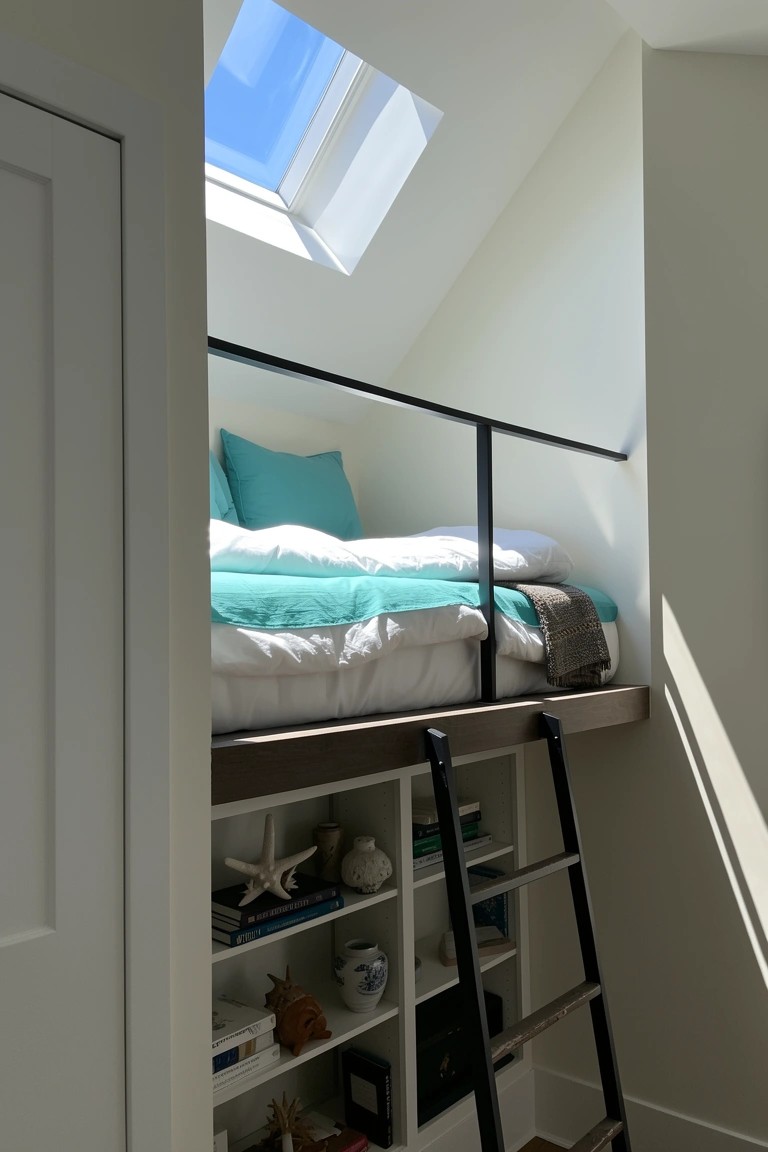 Loft bed with ladder access and metal railing in a small attic bedroom with turquoise bedding and shelves below