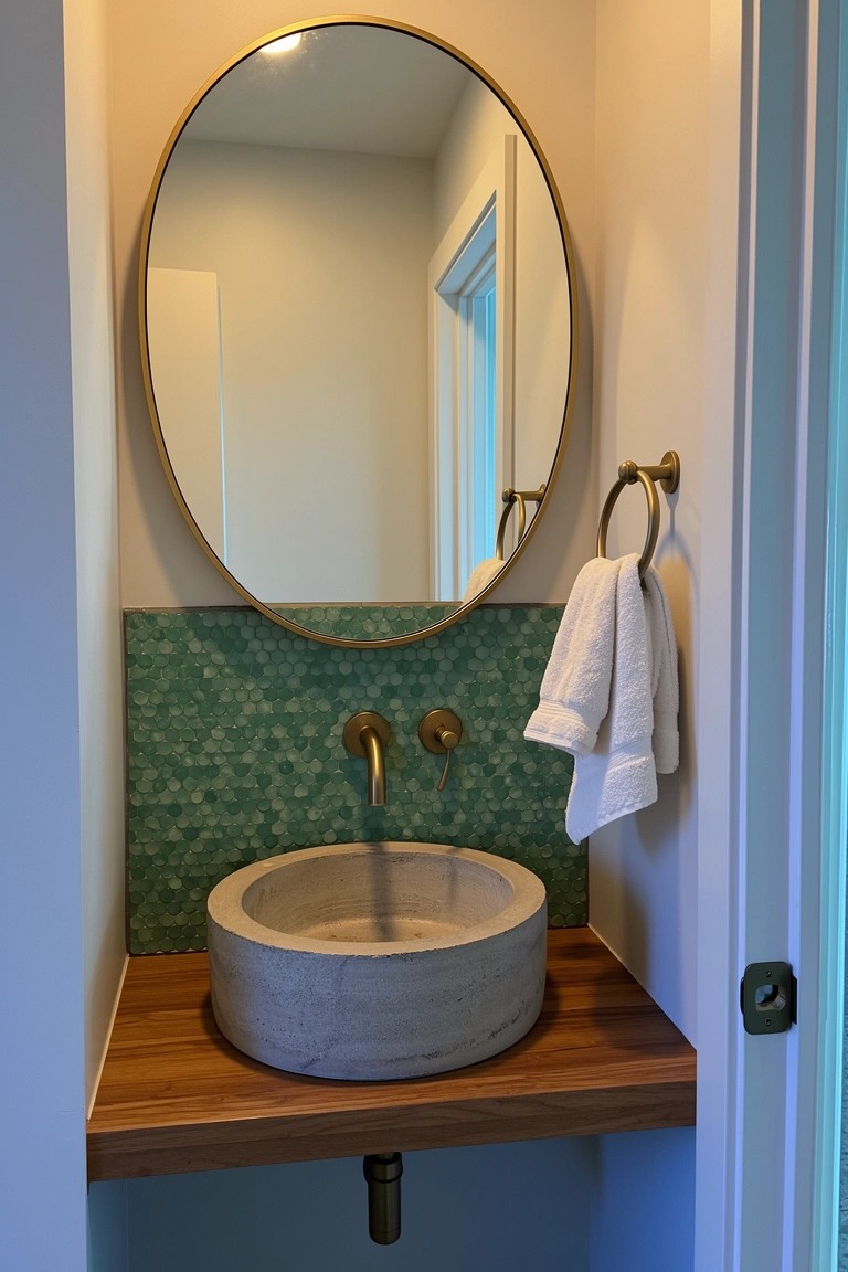 Small powder room with teal fishscale mosaic tile backsplash, round gold mirror, stone vessel sink on wood shelf, and brass faucet