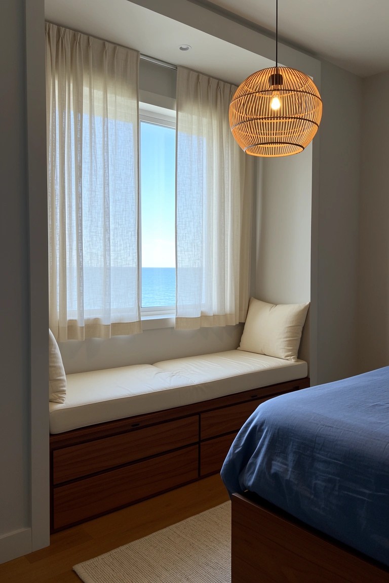 Simple window seat bench with drawers in a light beach condo room, sheer curtains on ocean view window
