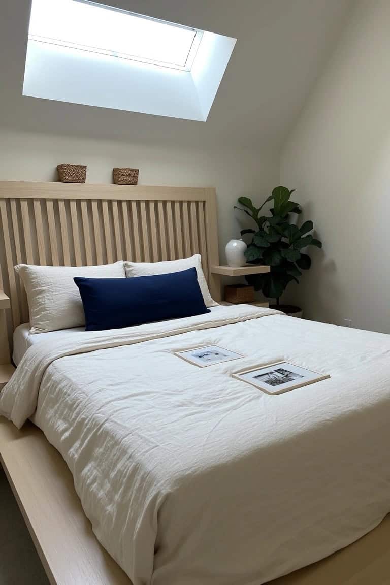 Low wooden platform bed in a small attic bedroom under a skylight with white linens, navy pillows, and a potted plant