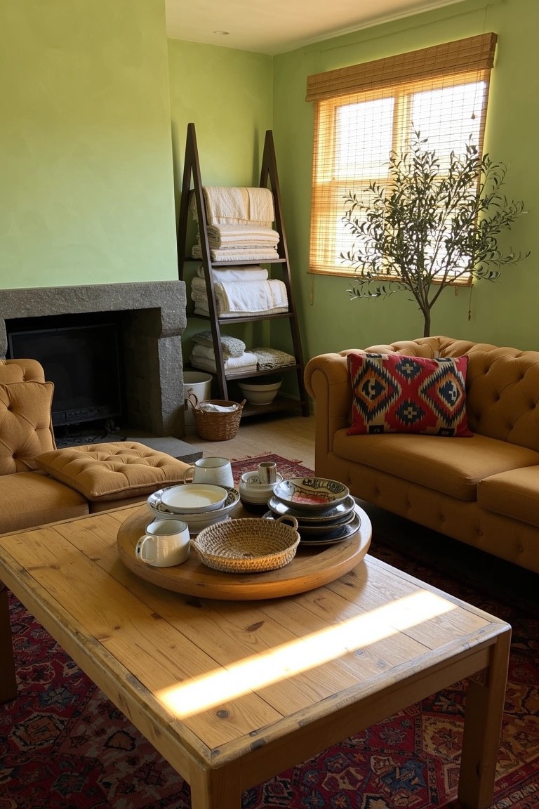 Cozy boho living room featuring a wooden coffee table with stacked ceramic bowls, woven baskets, tan tufted chairs, sage green walls, ladder shelf, and potted olive tree